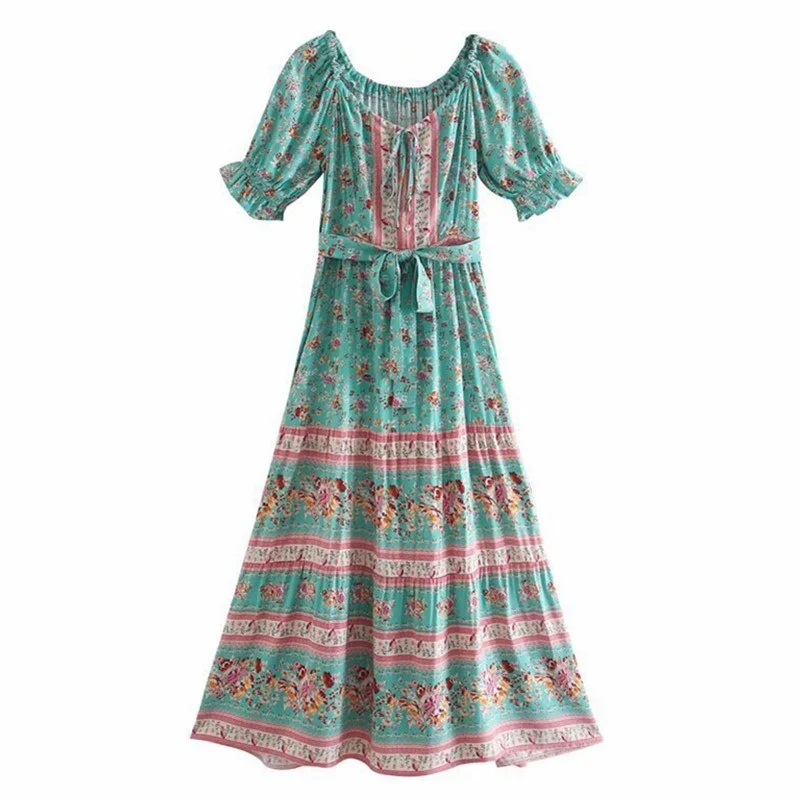 Mint Rose Garden Boho Floral Print Maxi Dress Comfortable Maxi Dress with Sleeves