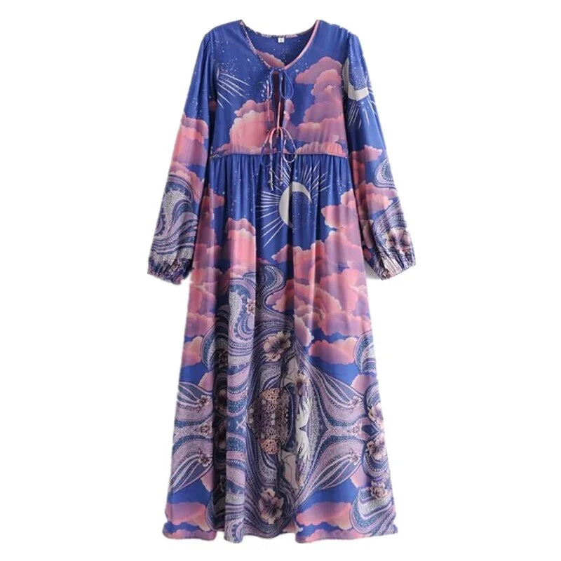 Moonstruck Boho Floral Print Long Sleeve Maxi Dress Trendy Button Front Maxi Dress