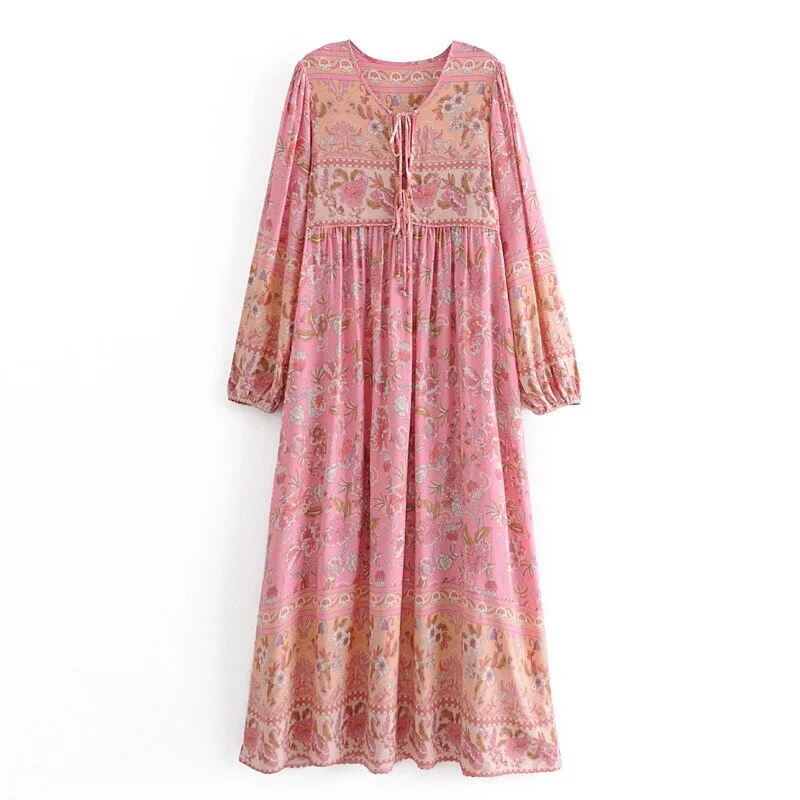 Posy Lane Boho Floral Print Long Sleeve Maxi Dress Comfortable Pleated Maxi Dress