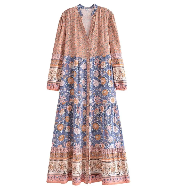 Blue Lovebirds Boho Floral Print Long Sleeve Maxi Dress Comfortable Fitted Maxi Dress