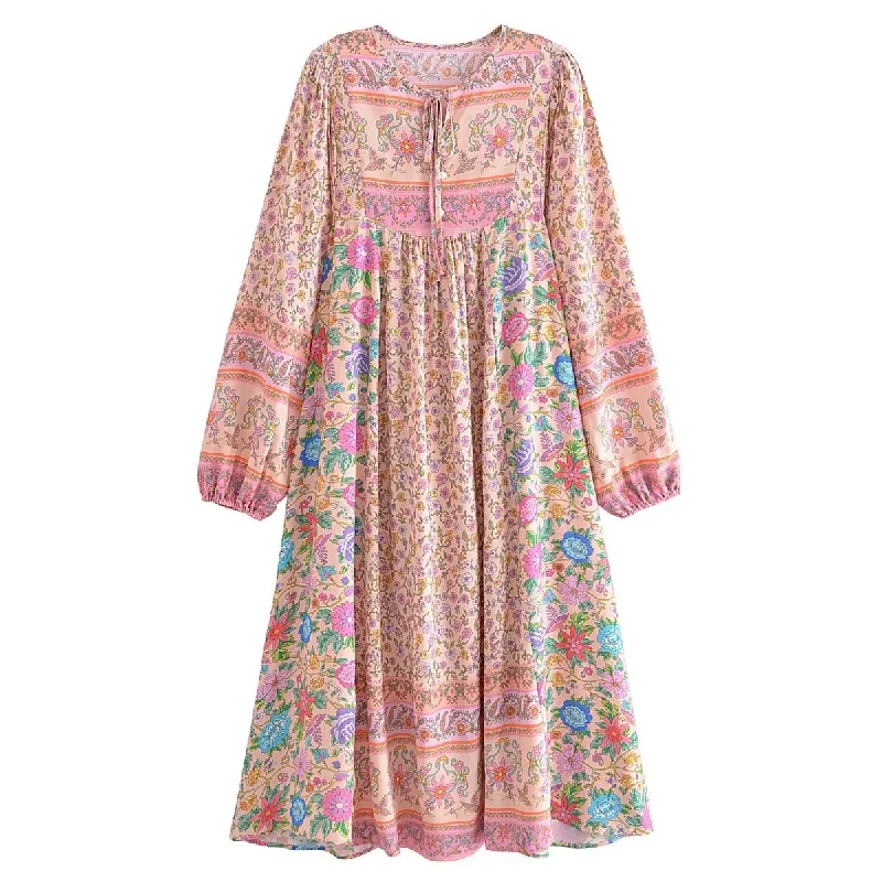 Pink Wonderland Boho Floral Print Long Sleeve Maxi Dress Trendy Maxi Dress with Straps