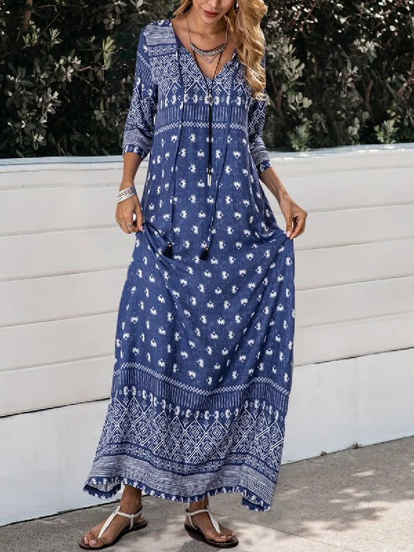 Women Bohemian Fringed 3/4 Sleeve Maxi Dress Comfortable Plunging Neckline Maxi Dress