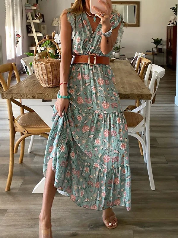 Women Floral V-Neck Maxi Dress Cozy Longline Maxi Dress