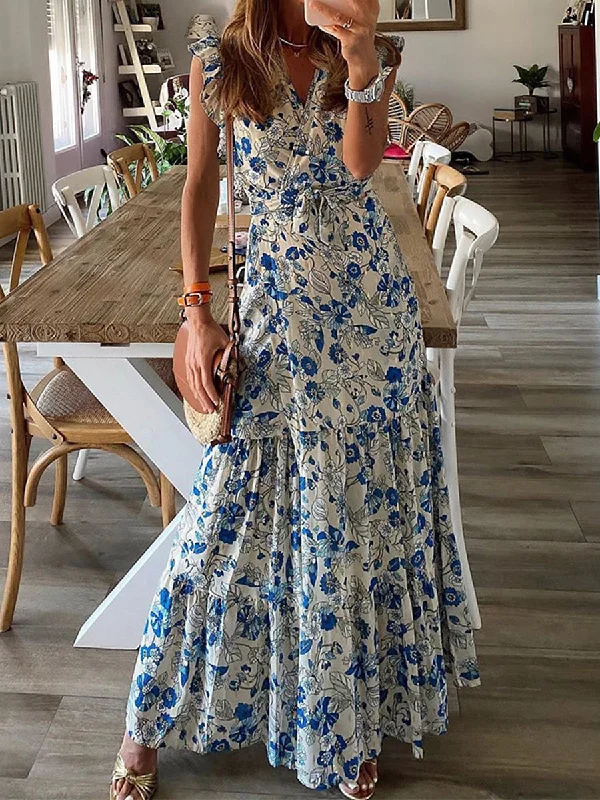 Women Bohemian Floral V-Neck Maxi Dress Elegant Maxi Dress with Slit