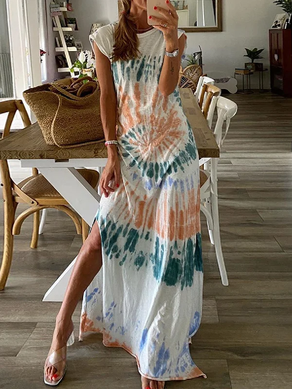 Women Abstract Print Split Maxi Dress Fashionable Asymmetrical Maxi Dress