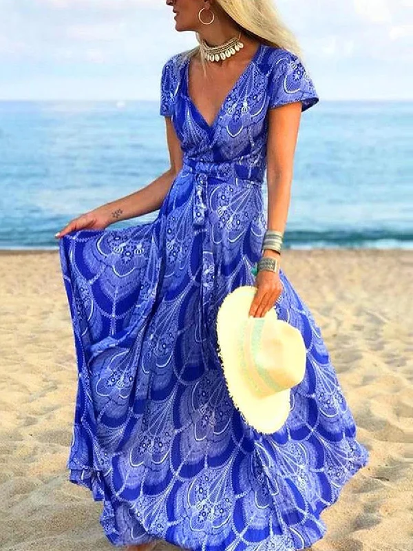 Women Bohemian Short Sleeve V-Neck Print Maxi Dress Elegant Pleated Maxi Dress