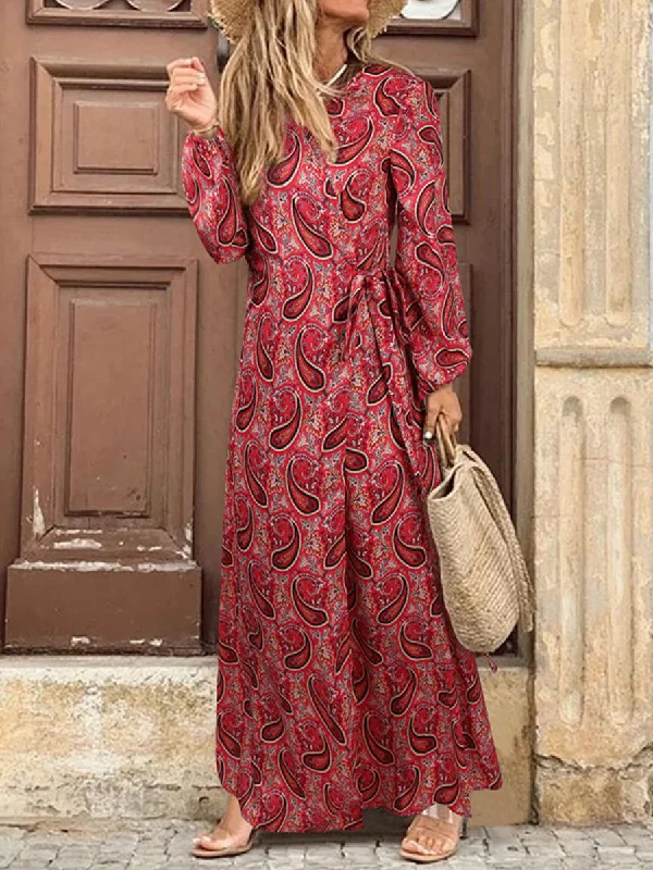 Women Bohemian V-Neck Long Sleeve Split-Side Maxi Dress Chic Off-Shoulder Maxi Dress