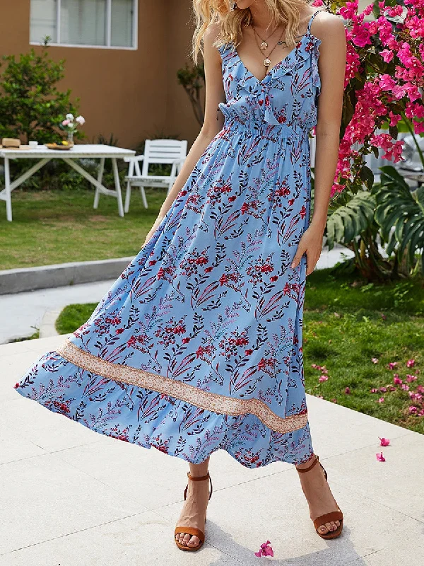 Women Bohemian Floral V-Neck Ruffle Maxi Dress Comfortable T-Shirt Maxi Dress