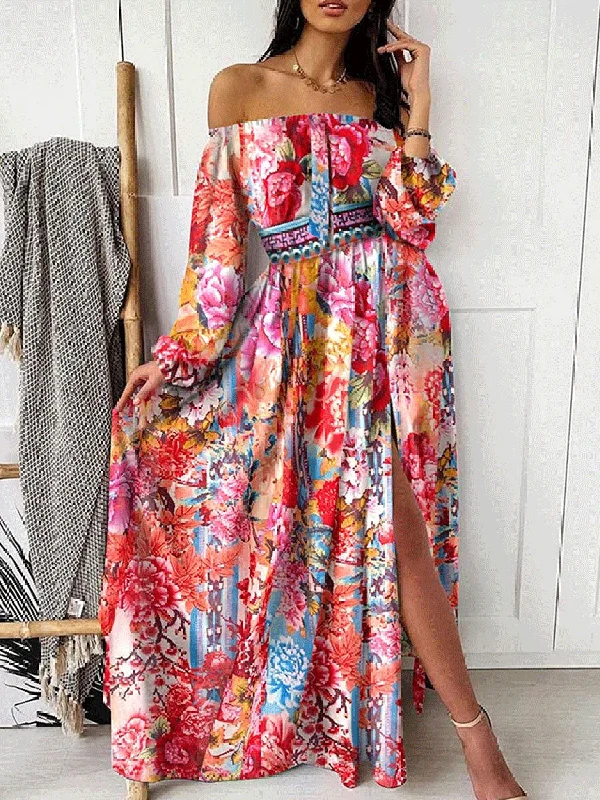 Women Bohemian Long Sleeve off the Shoulder Print Maxi Dress Elegant Maxi Dress with Slit