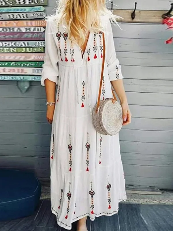 Women Bohemian Long Sleeve V-Neck Drawstring Lace-Up Maxi Dress Trendy Off-Shoulder Ruffle Maxi Dress