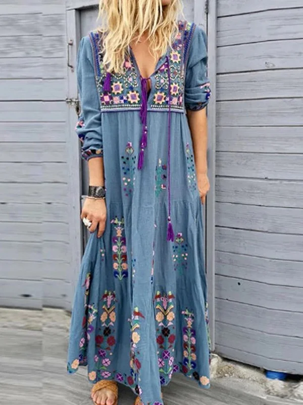 Women Bohemian Long Sleeve V-Neck Print Drawstring Lace-Up Maxi Dress Fashionable Asymmetrical Maxi Dress