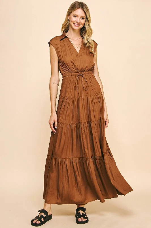 Tucker Maxi Dress | Camel Trendy Maxi Dress with Belt