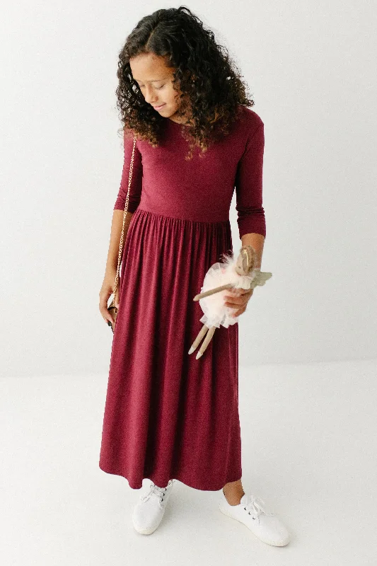 'Abigail' Girl Bamboo Blend Maxi Dress in Burgundy FINAL SALE Trendy Off-Shoulder Ruffle Maxi Dress