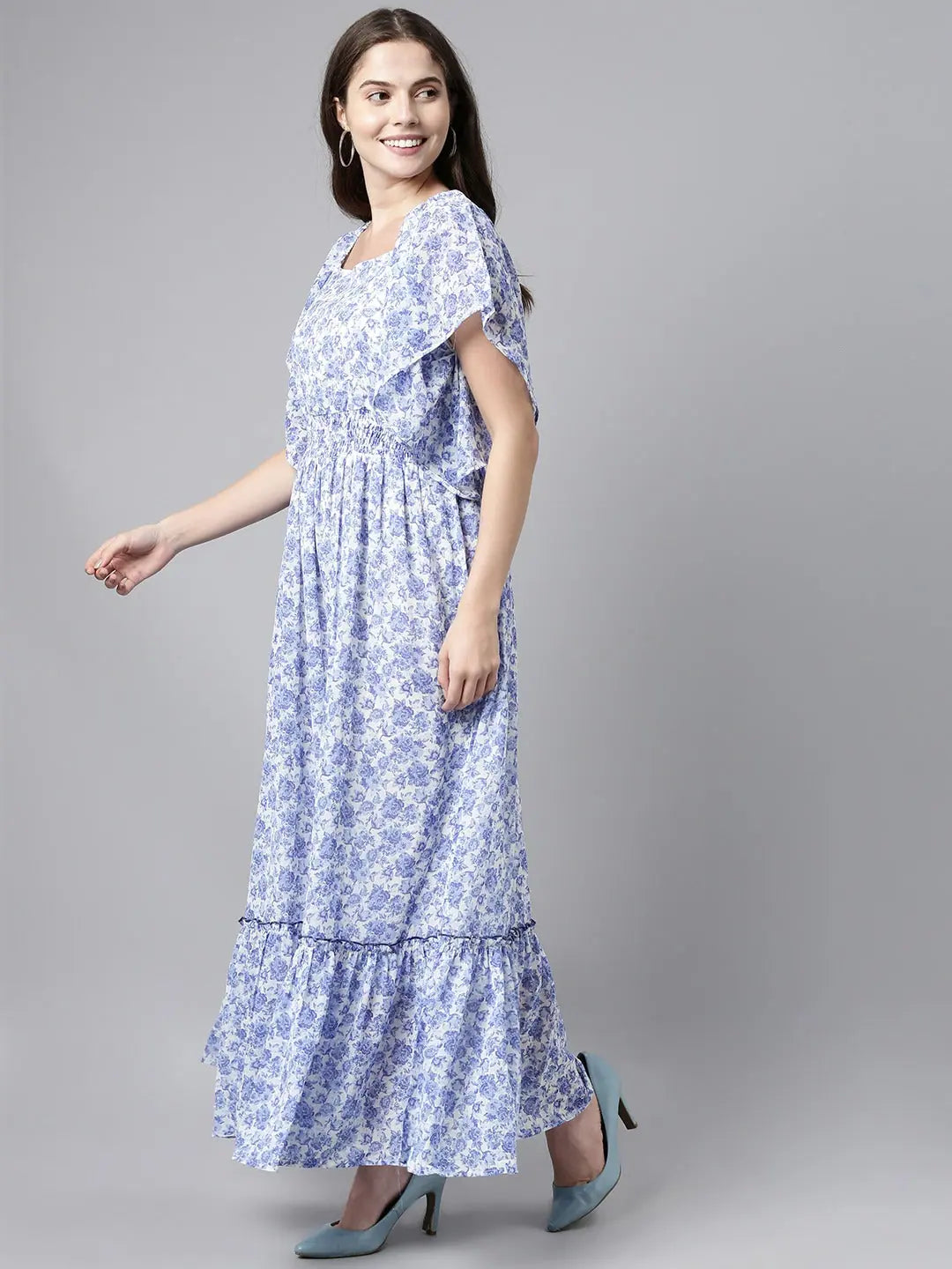 Ahika Blue White Floral Print Flared Sleeve Flounce Hem Maxi Dress With Smocked Detail Trendy Short Sleeve Maxi Dress Ahika Blue White Floral Print Flared Sleeve Flounce Hem Maxi Dress With Smocked Detail Trendy Short Sleeve Maxi Dress