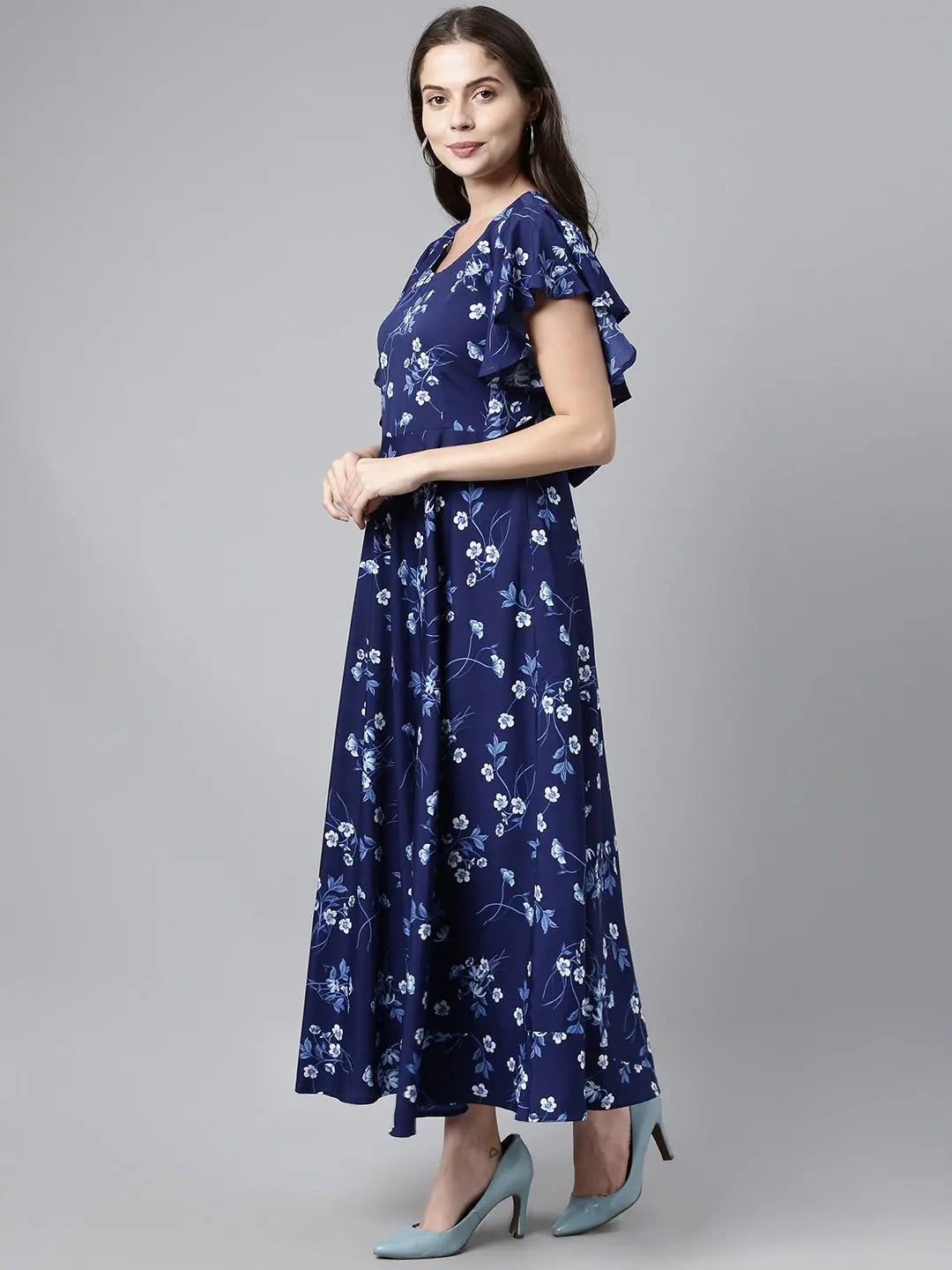 Ahika Navy Blue White Floral Print Flutter Sleeve Maxi Dress With Back Tie Ups Trendy A-Line Maxi Dress