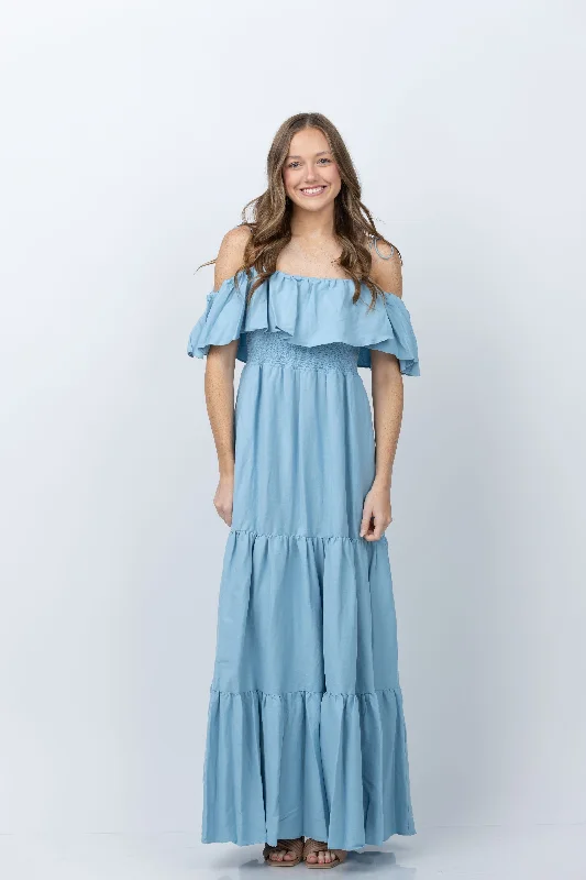 Alice + Olivia Kia Off the Shoulder Tiered Maxi Dress in Mineral Blue Stylish Maxi Dress with Pleats