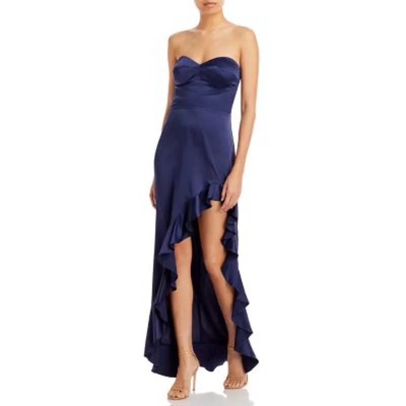 AQUA Ladies Navy Blue Strapless Ruffle Maxi Dress, High Slit in Leg Elegant Lace-Up Maxi Dress AQUA Ladies Navy Blue Strapless Ruffle Maxi Dress, High Slit in Leg Elegant Lace-Up Maxi Dress