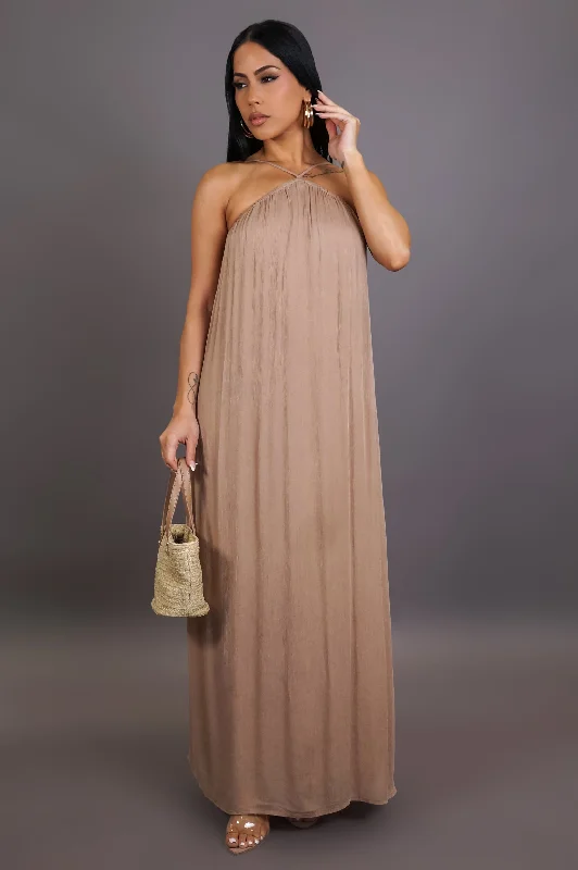 Back To This Maxi Dress- Taupe Stylish Maxi Dress with Frills