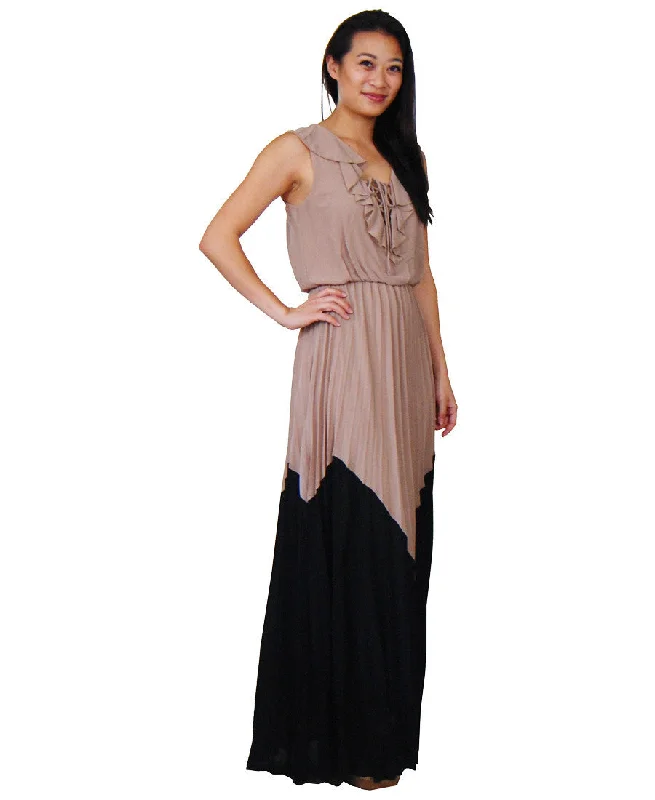 Black Mocha Chevron Ruffle String Maxi Dress Stylish One-Shoulder Maxi Dress