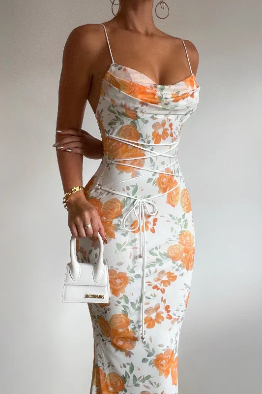 Bloom Floral Maxi Dress - White/Orange Classic V-Neck Maxi Dress