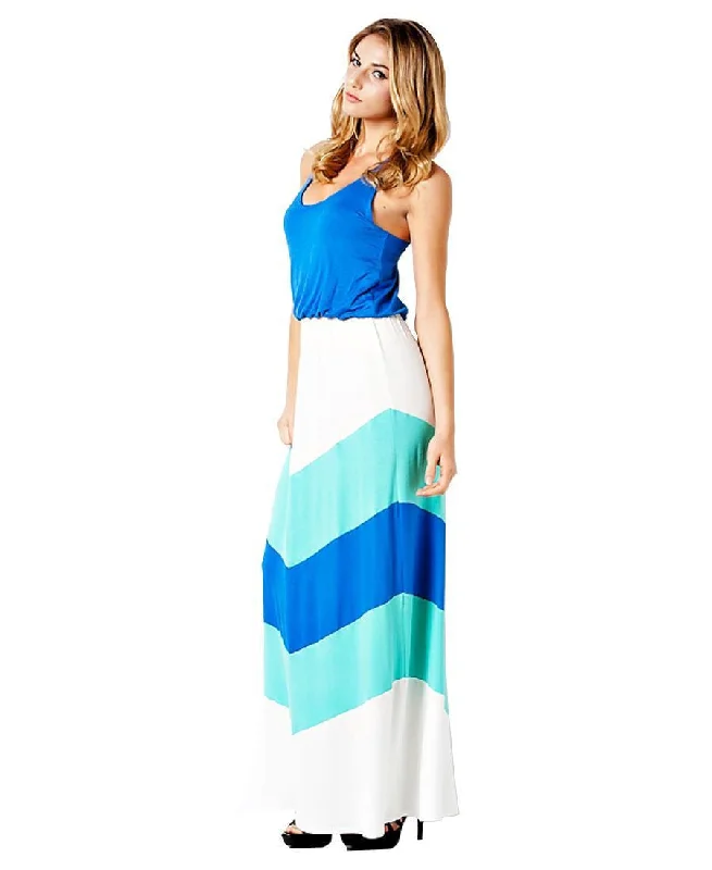 Blue Mint White Summer Chevron Colorblock Sleeveless Racerback Long Maxi Dress Stylish Boho Maxi Dress