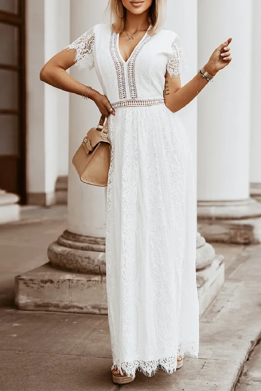 Blue Zone Planet |  White V Neck High Waist Lace Maxi Dress Comfortable Casual Maxi Dress