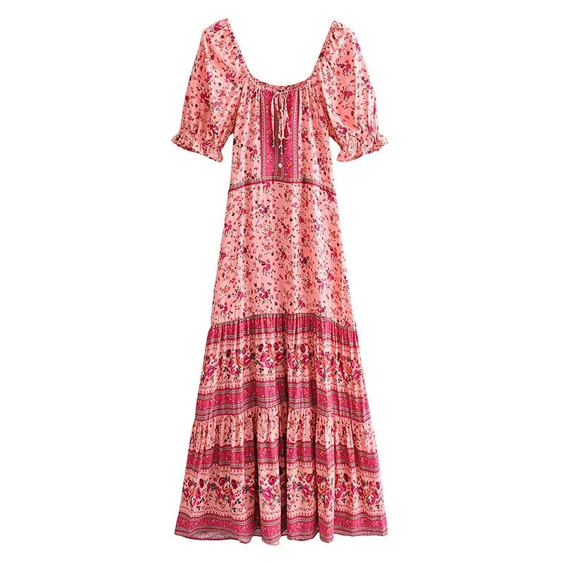 Pink Rose Garden Boho Floral Print Maxi Dress Fashionable High-Waist Maxi Dress