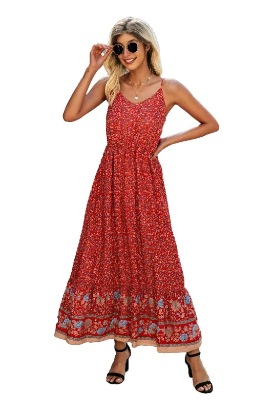 Casual Vintage Flower Prints Maxi Dress Comfortable Plunging Neckline Maxi Dress