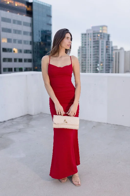 Chelsea Sleeveless Cowl Neck Ruched Maxi Dress Red Trendy V-Neck Maxi Dress