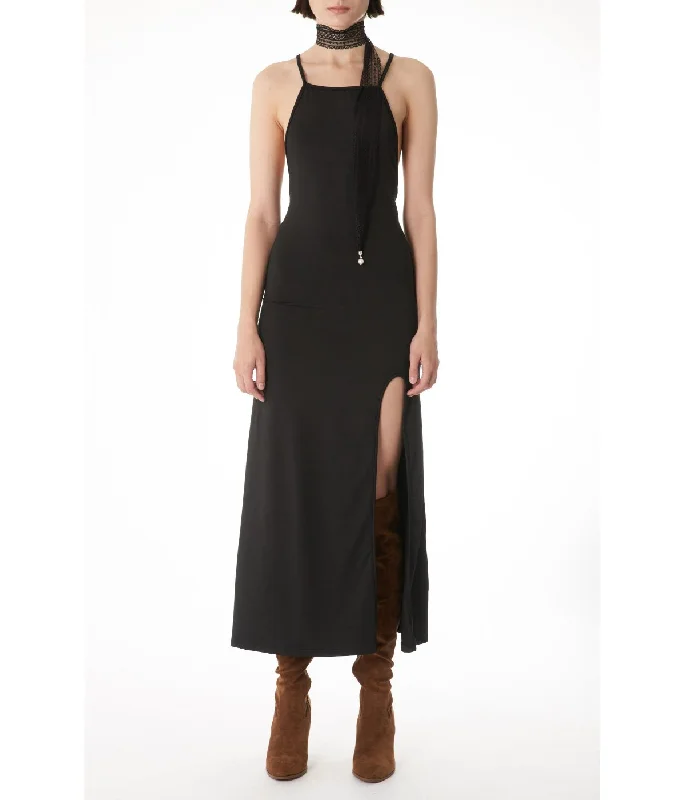 Dalini High Front Slit with Square Neck and Drawstring CrossBack Maxi Dress Black Fashionable Open-Back Maxi Dress