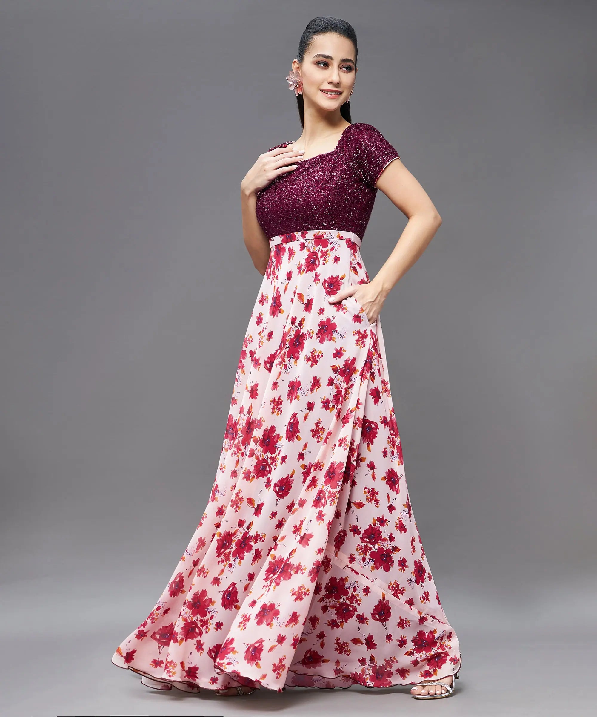 Dancing On My Rhythm Floral Maxi Dress Maroon & Off White Elegant Wraparound Maxi Dress