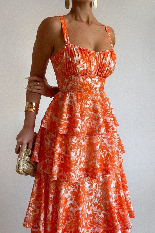 Darcy Floral Maxi Dress - Orange Fashionable Chiffon Tiered Maxi Dress