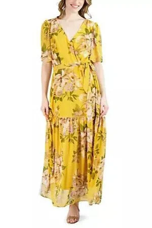 Donna Ricco V-Neck Flutter Sleeve A-Line Maxi Dress Classic Tulle Maxi Dress