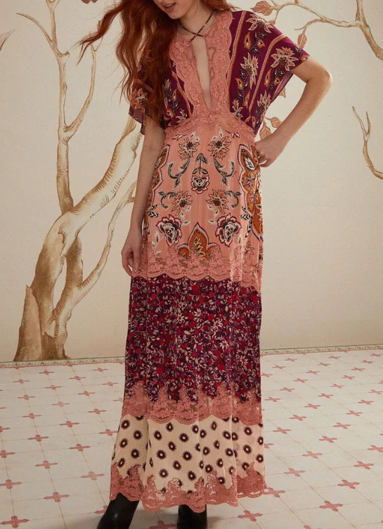 Farm Rio Glam Tapestry Burgundy Laces Short Sleeve Maxi Dress Stylish Boho Chic Maxi Dress Farm Rio Glam Tapestry Burgundy Laces Short Sleeve Maxi Dress Stylish Boho Chic Maxi Dress