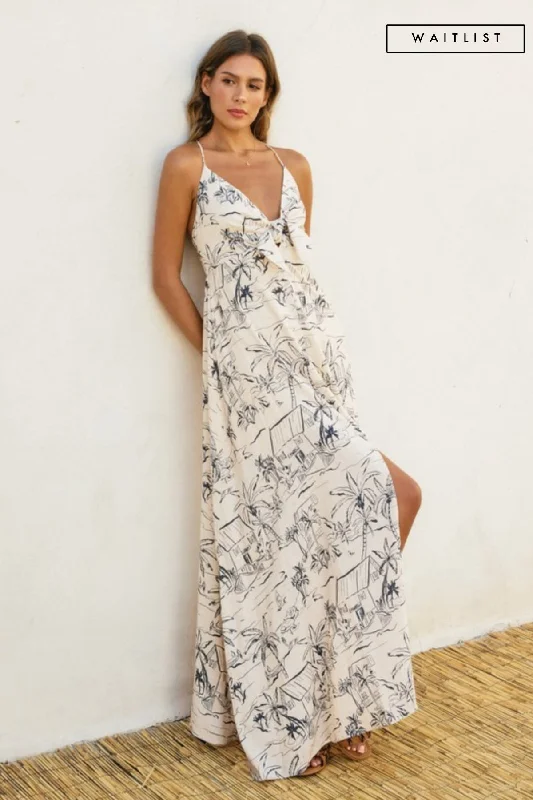 Waitlist 1/22 ♥ Faye Sleeveless Back Tie  Palm Print Linen Maxi Dress White Trendy Maxi Dress with Straps