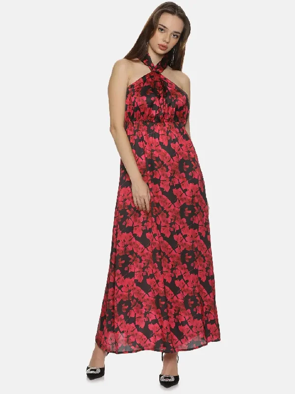 Floral Red Halter Maxi Dress-17298 Comfortable Maxi Dress with Belt