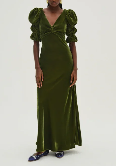 For Love & Lemons Martini Velvet Maxi Dress - Green Classic V-Neck Maxi Dress