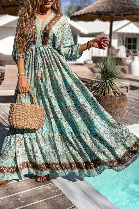 Blue Zone Planet |  Green Boho Floral Print Lace-up Open Back High Waist Maxi Dress Chic Boho Print Maxi Dress