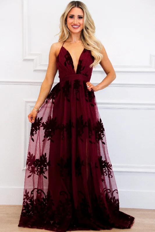 Here Comes the Bride Maxi Dress: Burgundy Classic Solid Maxi Dress