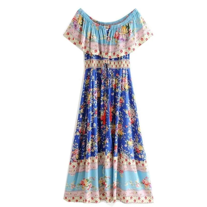 Blissful Blue Boho Floral Print Maxi Dress Casual Maxi Dress with Pockets