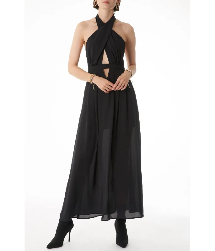 Ivi Tie Around Cross Halter Neck with Pleated Front Panel Maxi Dress Black Elegant Floral Maxi Dress