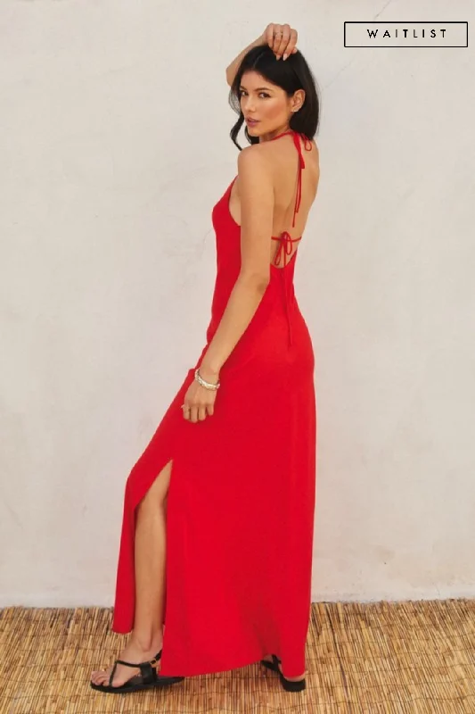 Waitlist 2/5 ♥ Leticia Sleeveless Halter Tie Maxi Dress Red Stylish Pleated A-Line Maxi Dress