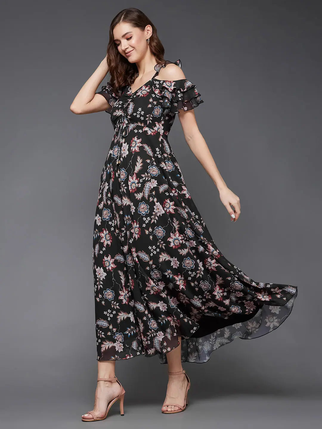 Never Have To Settle Ruching Maxi Dress Multicolored-Base-Black Comfortable Fit-and-Flare Maxi Dress