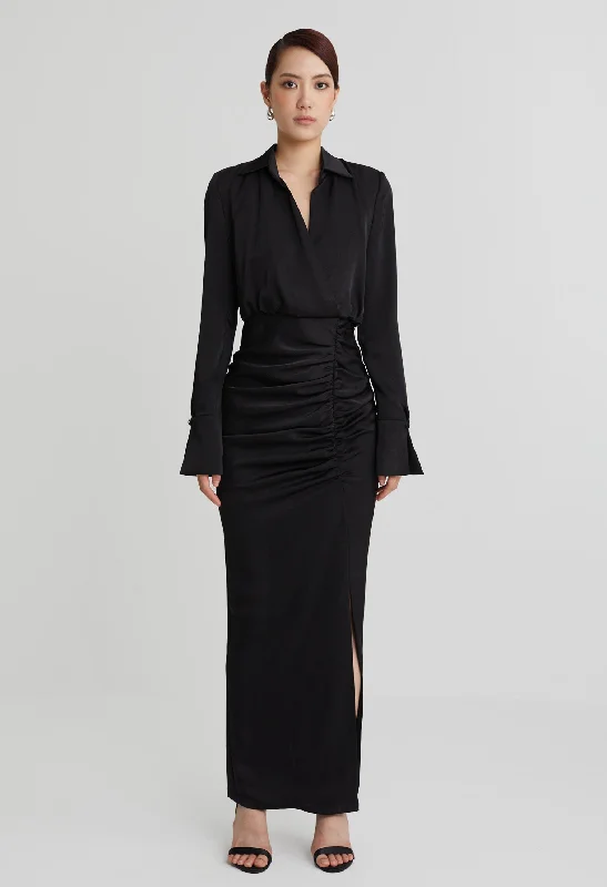nichii X NURITA HARITH Cinched Waist Side Ruched Collared Maxi Dress Comfortable Satin Maxi Dress nichii X NURITA HARITH Cinched Waist Side Ruched Collared Maxi Dress Comfortable Satin Maxi Dress