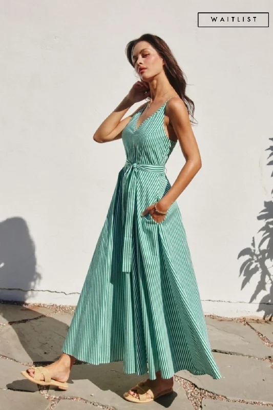 Waitlist 1/20 ♥ Palmer Sleeveless Stripe Print Waist Tie Maxi Dress Green Comfortable Flowy Maxi Dress