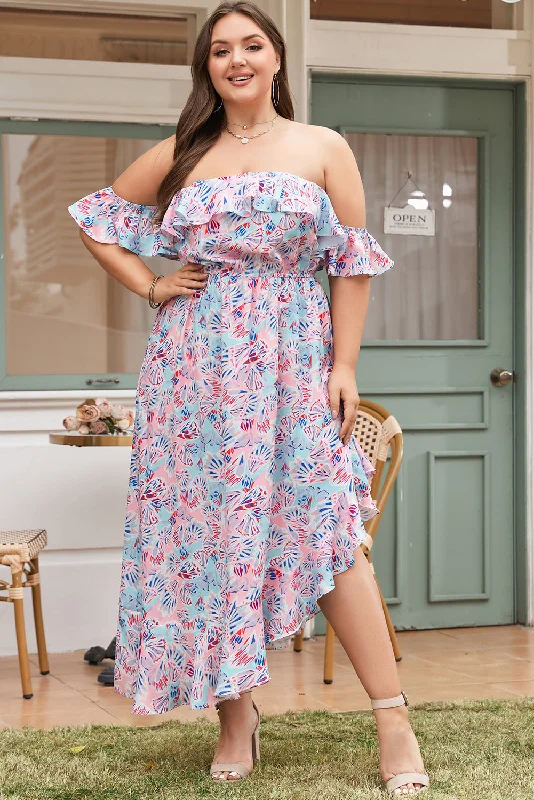 Pink Sea Shell Print Ruffled Sleeve Plus Size Maxi Dress Comfortable Maxi Dress with Belt