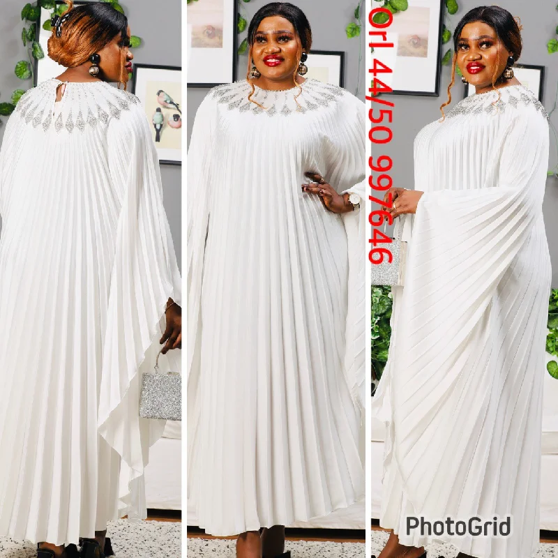 Pleated White Modest Maxi Dress With Diamante Comfortable Fit-and-Flare Maxi Dress