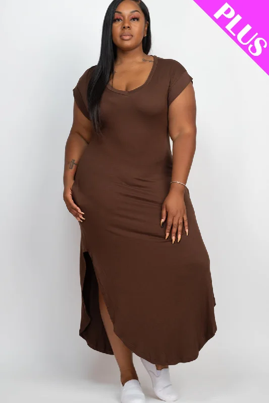 Plus Size V-Neck Cap Sleeve Maxi Dress Trendy Maxi Dress with Straps