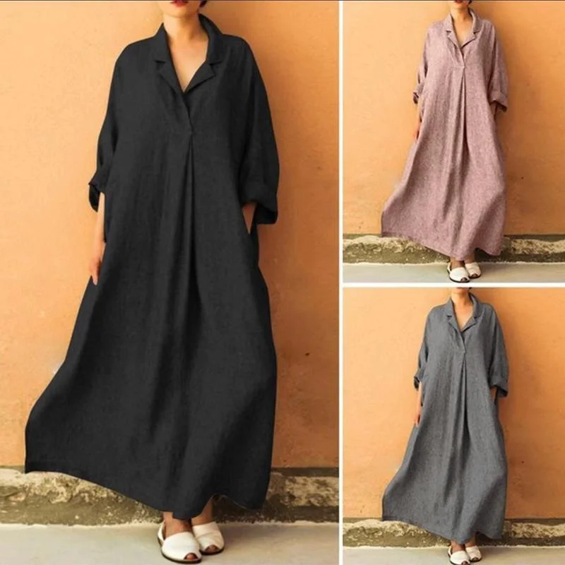 Plus Size V-neck Long Sleeve Solid Color Casual Loose Maxi Dress Comfortable Bohemian Maxi Dress Plus Size V-neck Long Sleeve Solid Color Casual Loose Maxi Dress Comfortable Bohemian Maxi Dress
