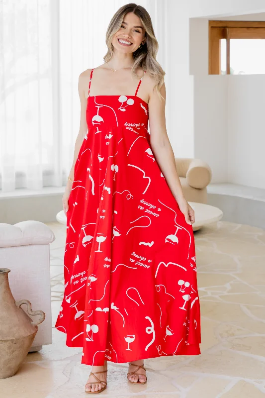 Portafino Maxi Dress Sweet Cherry Print Trendy Off-Shoulder Ruffle Maxi Dress